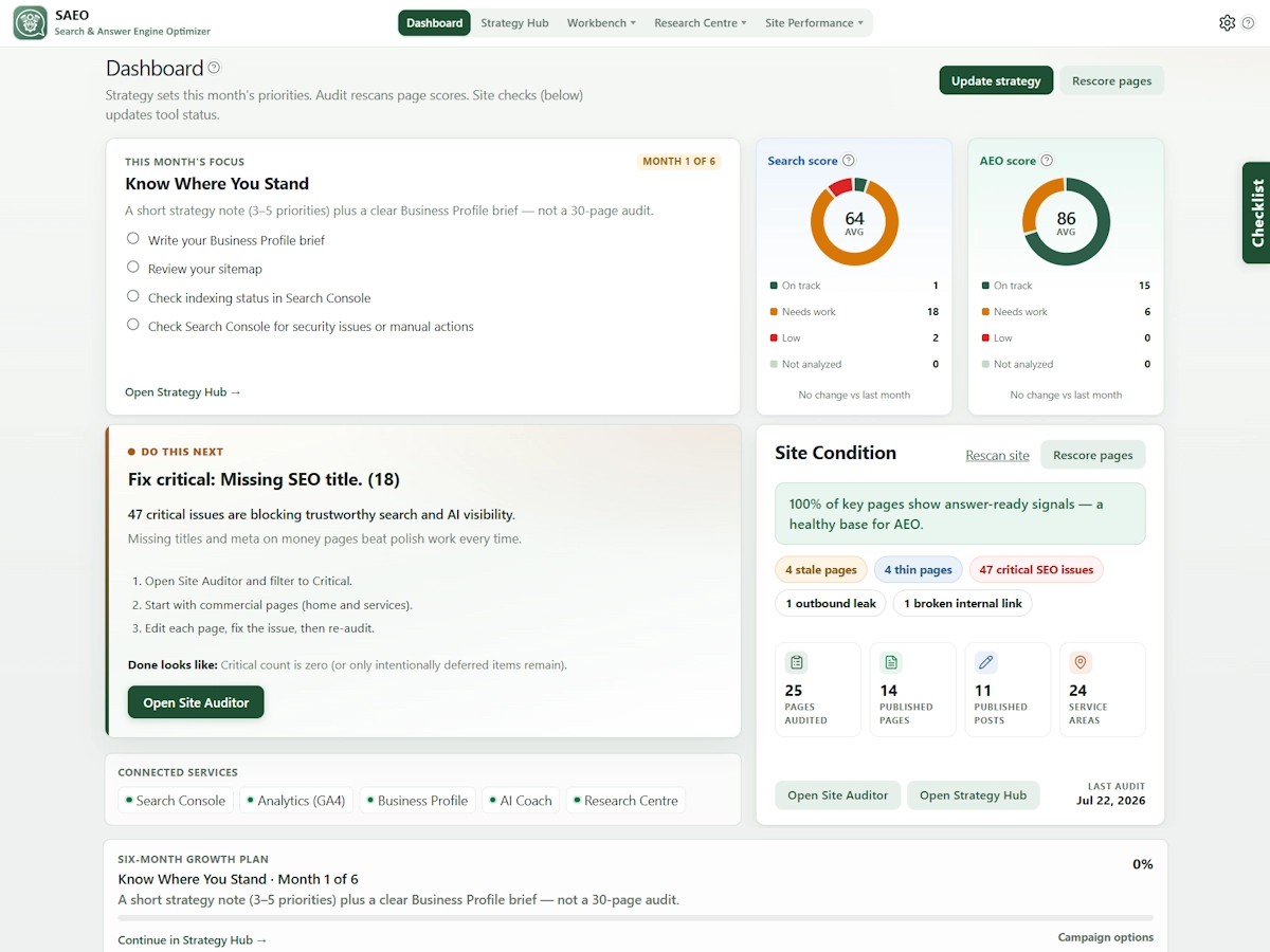 SAEO Pro Dashboard with month focus, do-this-next, scores, and site condition