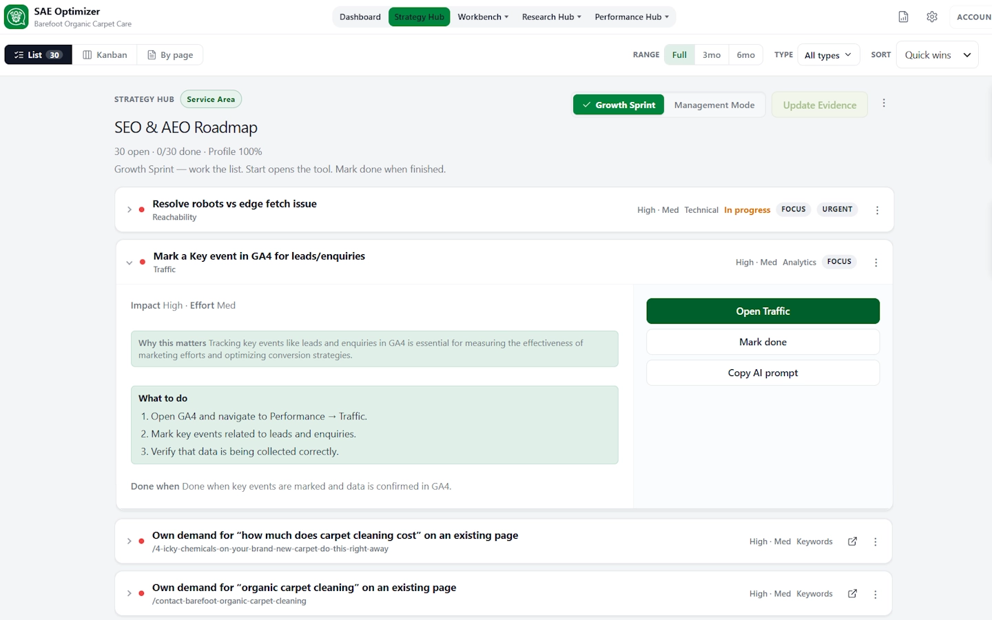 SAEO Strategy Hub with a live SEO & AEO Roadmap