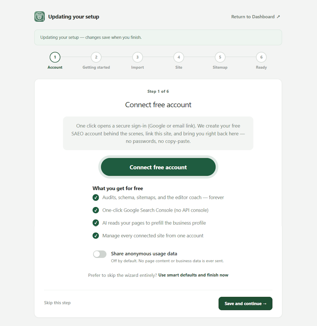 SAEO setup wizard Connect free account step
