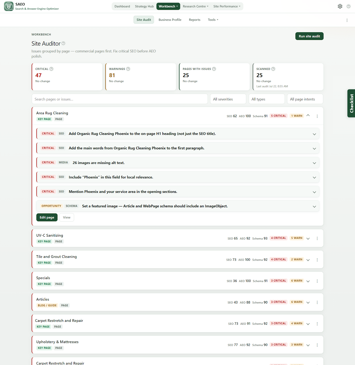 SAEO Site Auditor with coaching on a key page